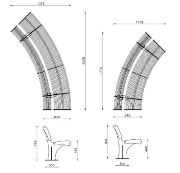 Tekening gebogen elementen bank Garda